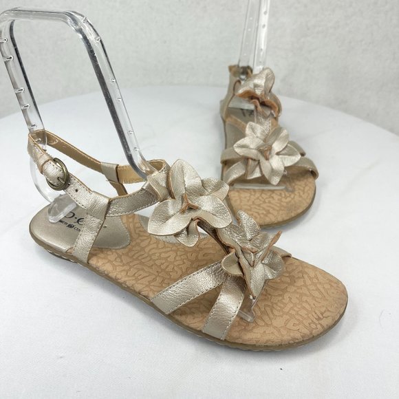 B.O.C. Womens Gold Leather Floral Sandals Adjustable Ankle Strap - Picture 1 of 9